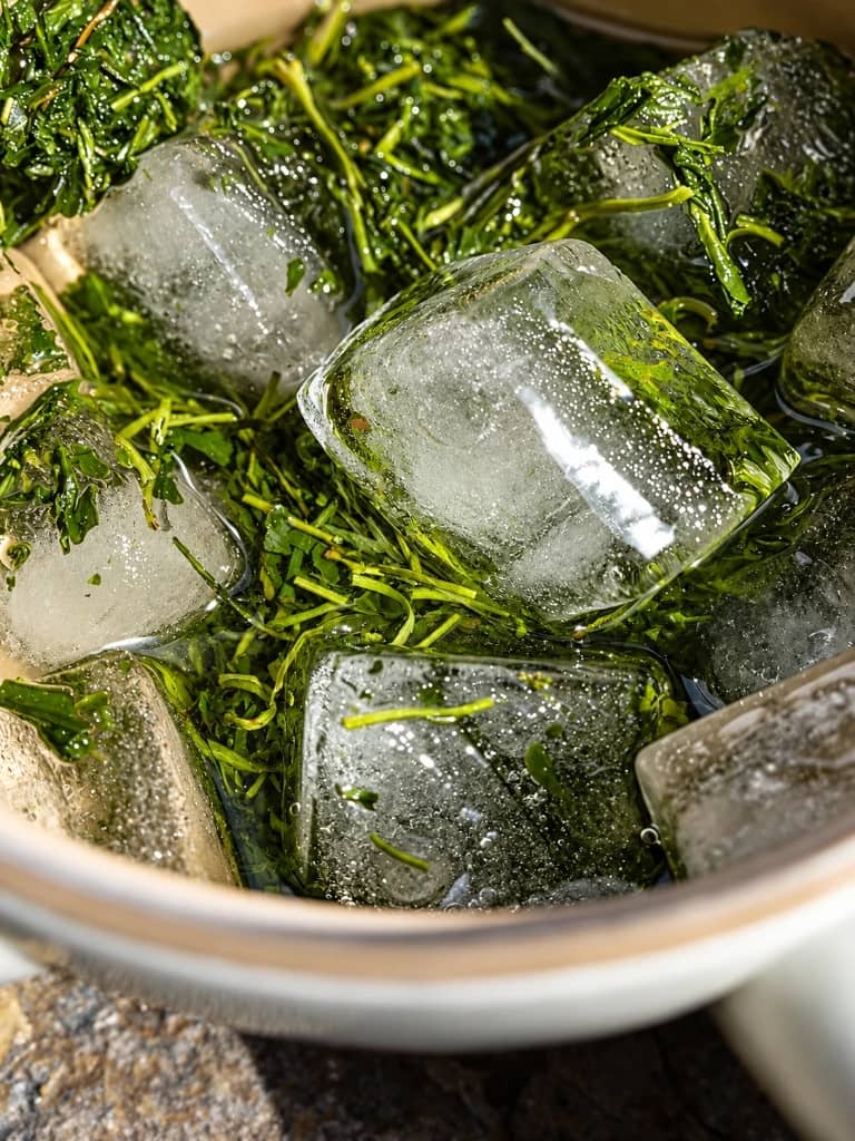 Fresh green tea leaves steeping with clear ice cubes in a ceramic bowl