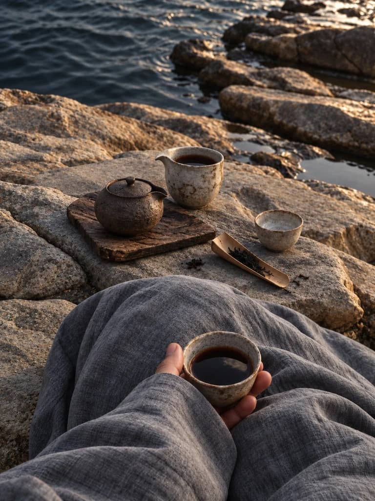 Pu-erh tea ceremony at sunset on coastal rocks with ceramic cup and clay teapot