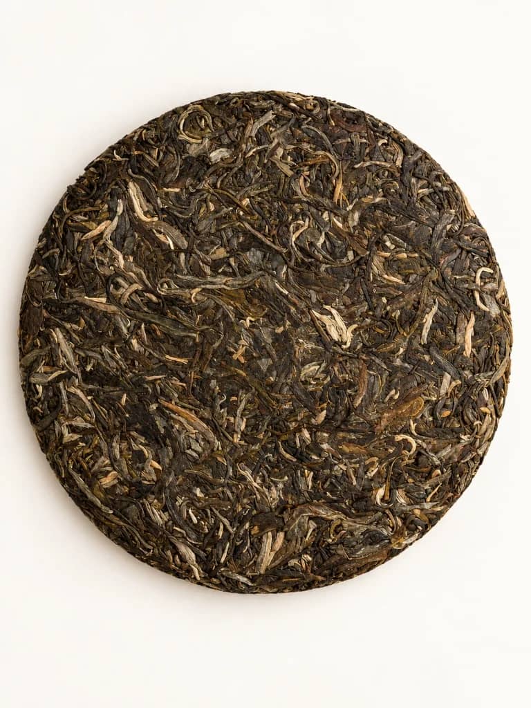 Aged 2013 Snow Mountain compressed raw Sheng Pu-erh cake showing silvery-green tips