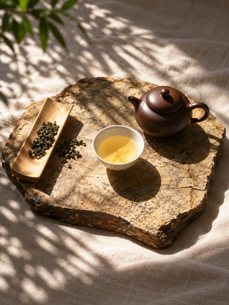 Delicate white tea served in a ceramic cup beside a clay teapot on a stone tray
